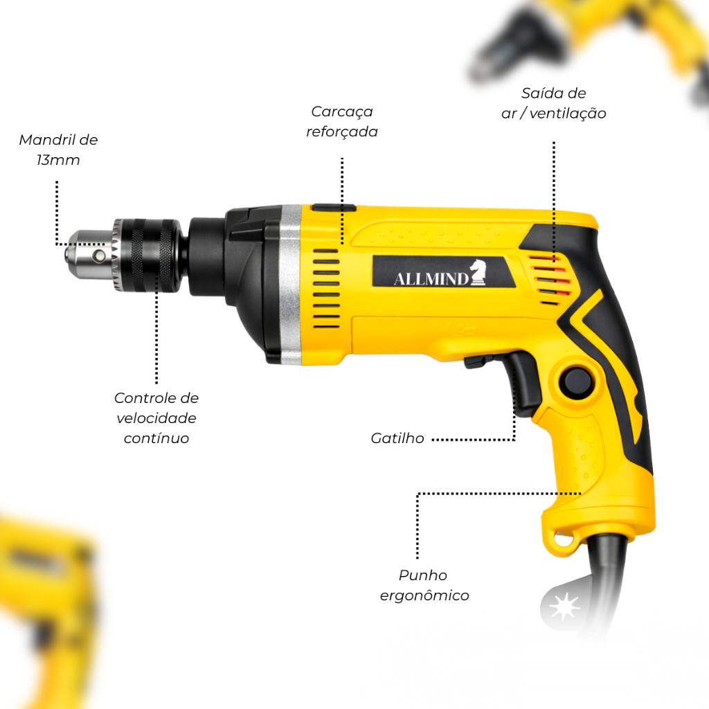 Furadeira de Impacto 13mm 900W com Guia de Profundidade Profissional e Velocidade Variável · foto 2