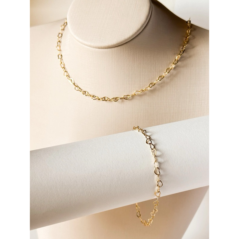 Colar Coração Choker Mini Corações Vazado Feminino Folheado a Prata e a Ouro 18K Conjunto