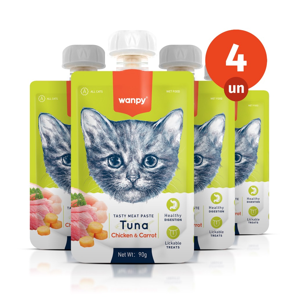 Kit 4 Truly Wanpy Petisco Creamy para Gatos Sabor Atum, Frango e Cenoura 90g