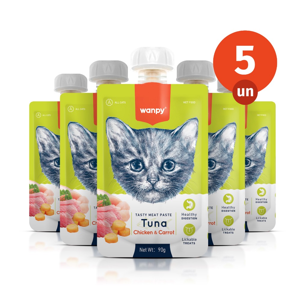 Kit 5 Truly Wanpy Petisco Creamy para Gatos Sabor Atum, Frango e Cenoura 90g