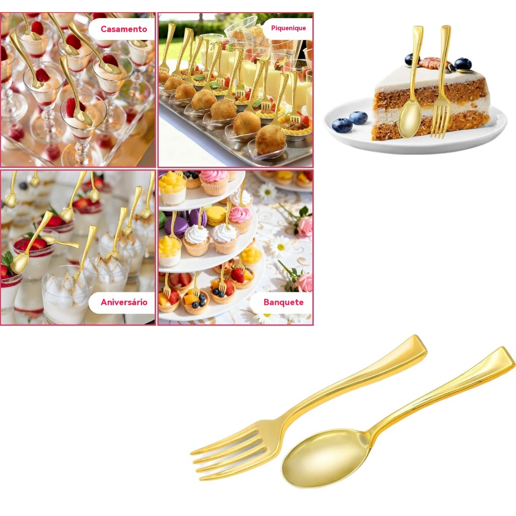 50 mini garfos de sobremesa e 50 mini colheres de sobremesa, 9,8 cm talheres festas descartáveis de plástico dourado em Oferta na Shopee
