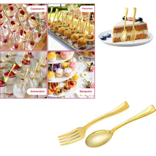 50 mini garfos de sobremesa e 50 mini colheres de sobremesa, 9,8 cm talheres festas descartáveis de plástico dourado em Oferta na Shopee