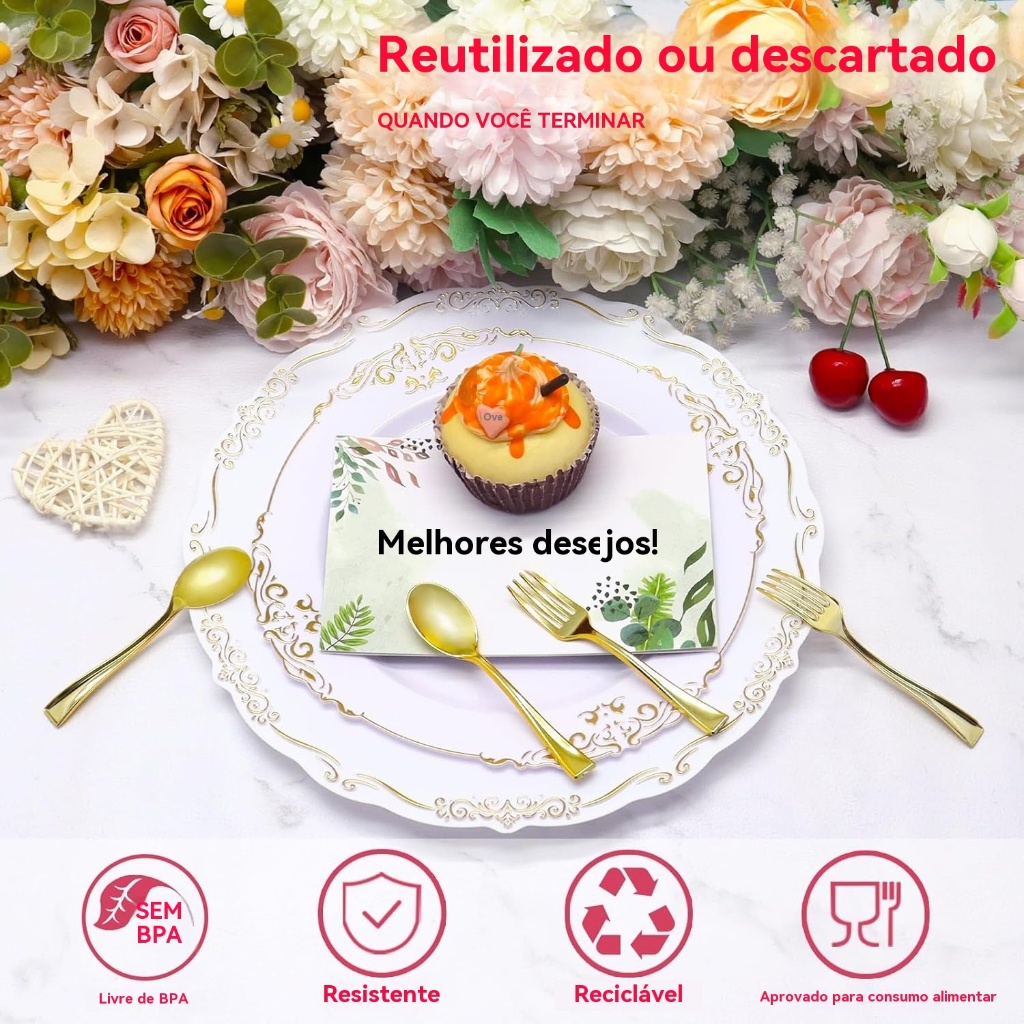 50 mini garfos de sobremesa e 50 mini colheres de sobremesa, 9,8 cm talheres festas descartáveis de plástico dourado