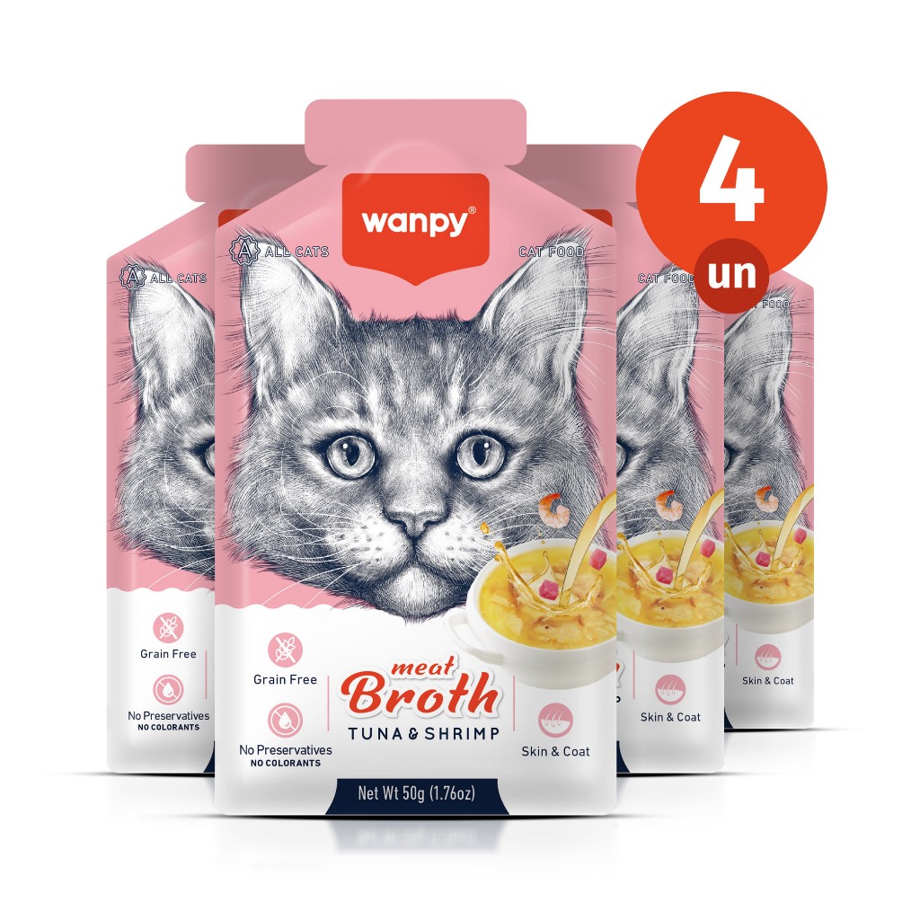 Kit 4 Truly Wanpy Petisco Sopa para Gatos Sabor Atum e Camarão 50g