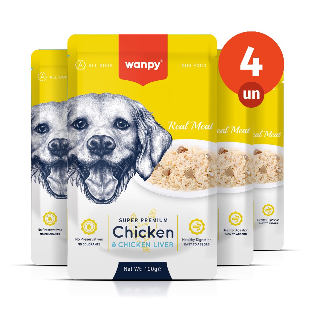 Kit 4 Truly Wanpy Petisco Sachê para Cães Sabor Frango e Fígado de Frango 100g