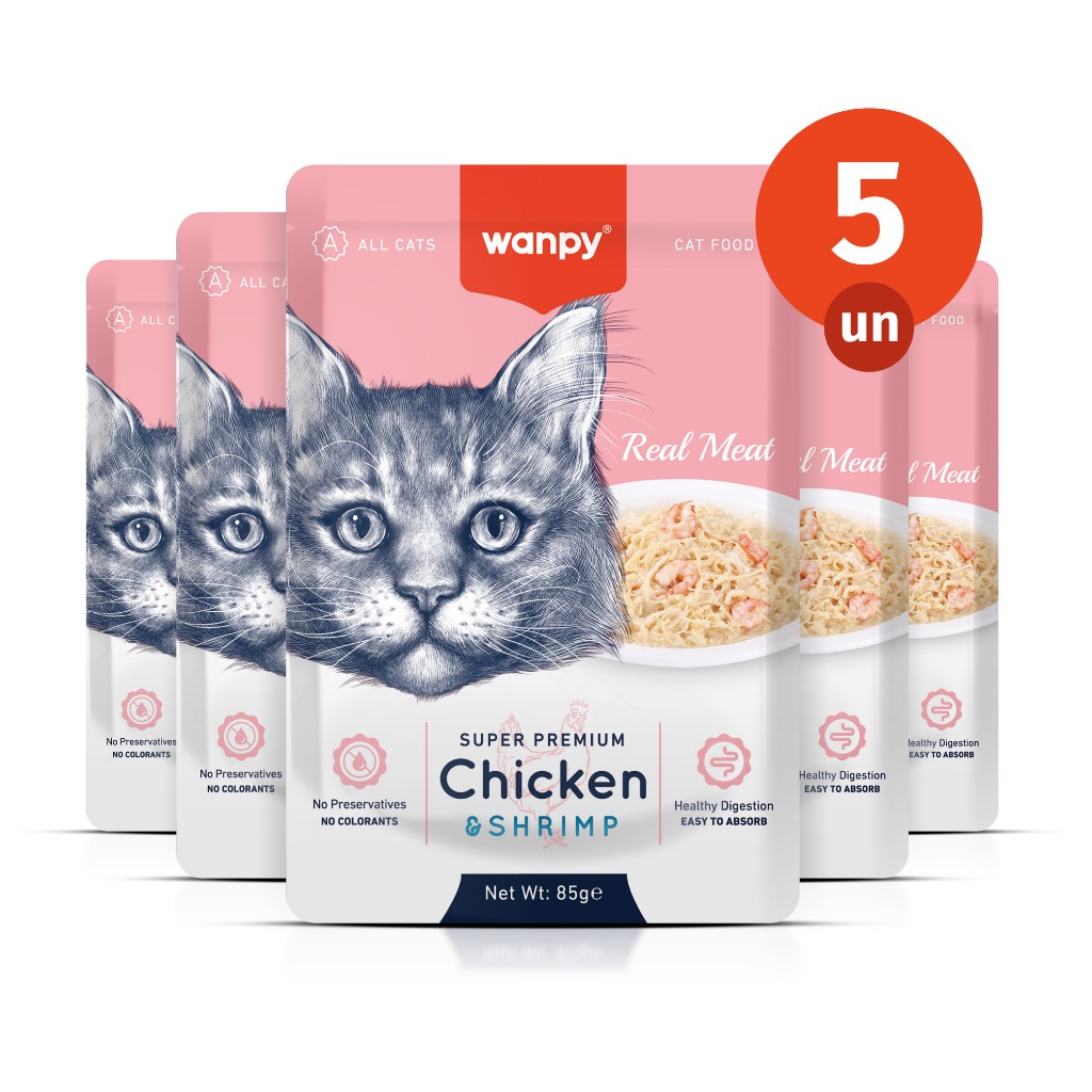 Kit 5 Truly Wanpy Petisco Sachê para Gatos Sabor Frango e Camarão 85g em Oferta na Shopee