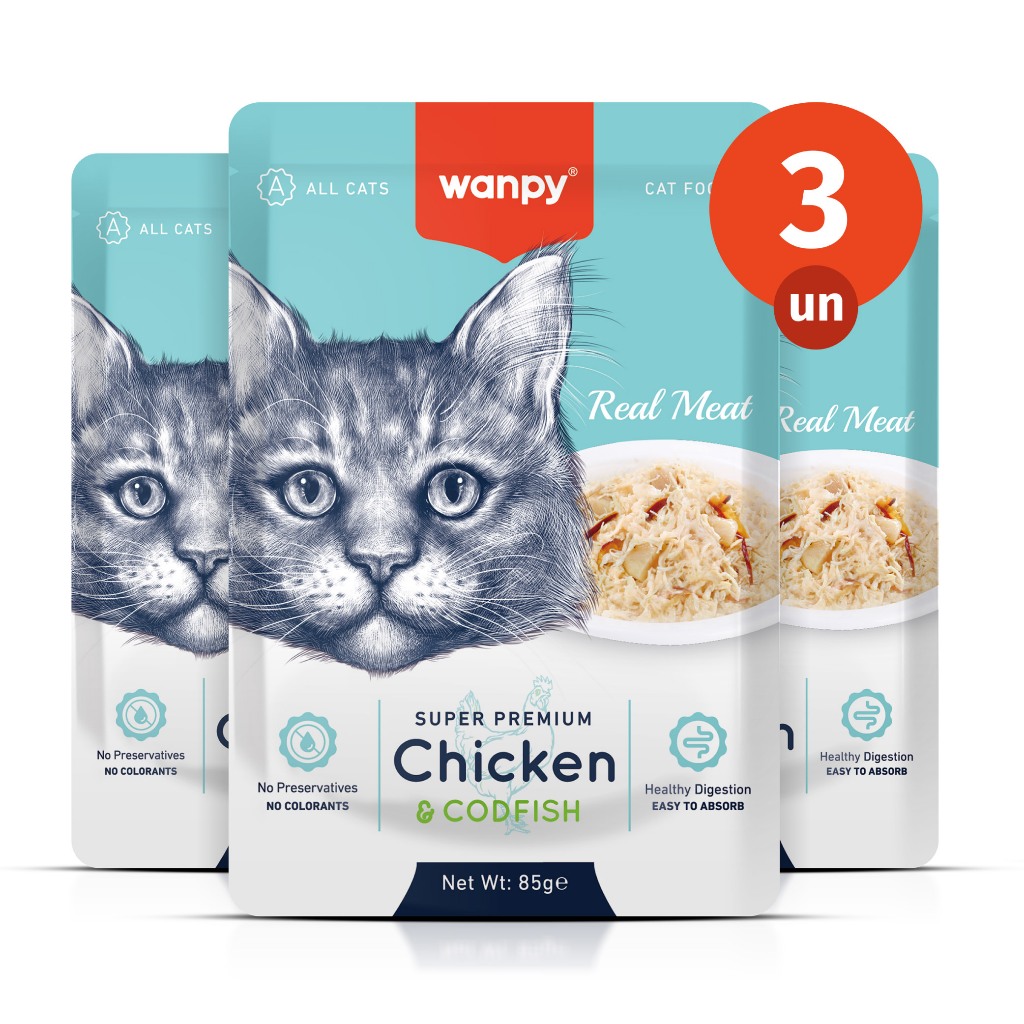 Kit 3 Truly Wanpy Petisco Sachê para Gatos Sabor Frango e Bacalhau 85g
