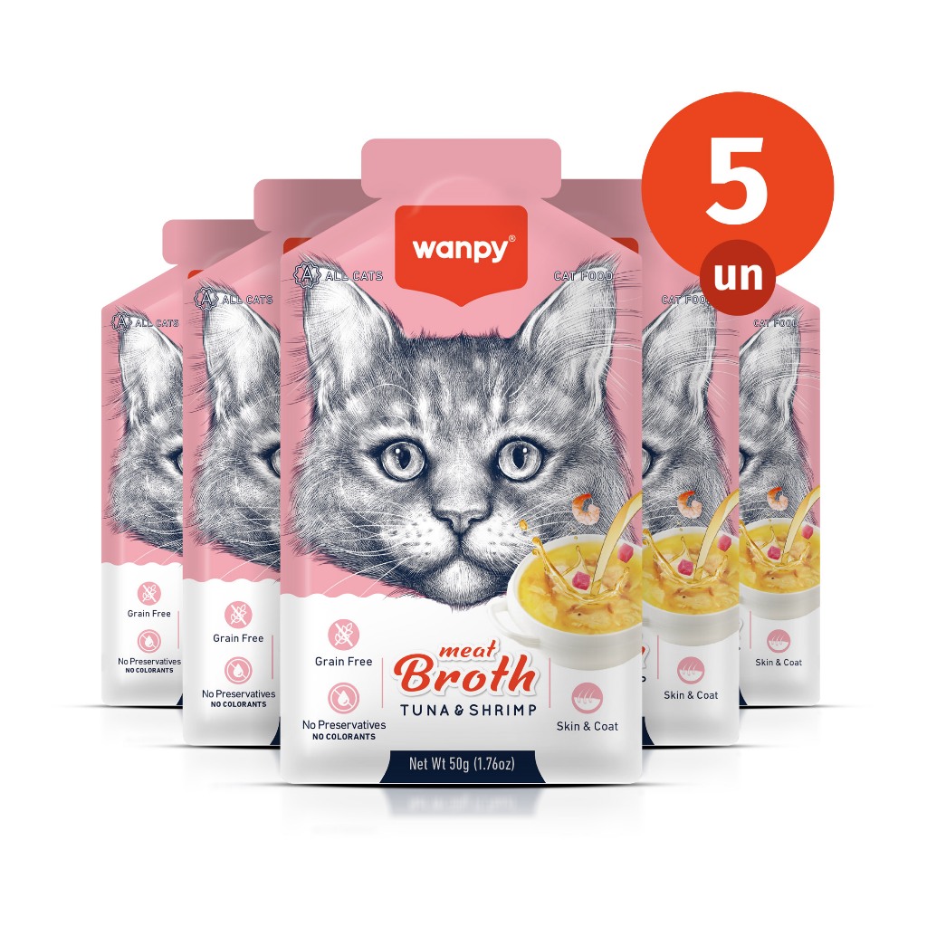 Kit 5 Truly Wanpy Petisco Sopa para Gatos Sabor Atum e Camarão 50g em Oferta na Shopee