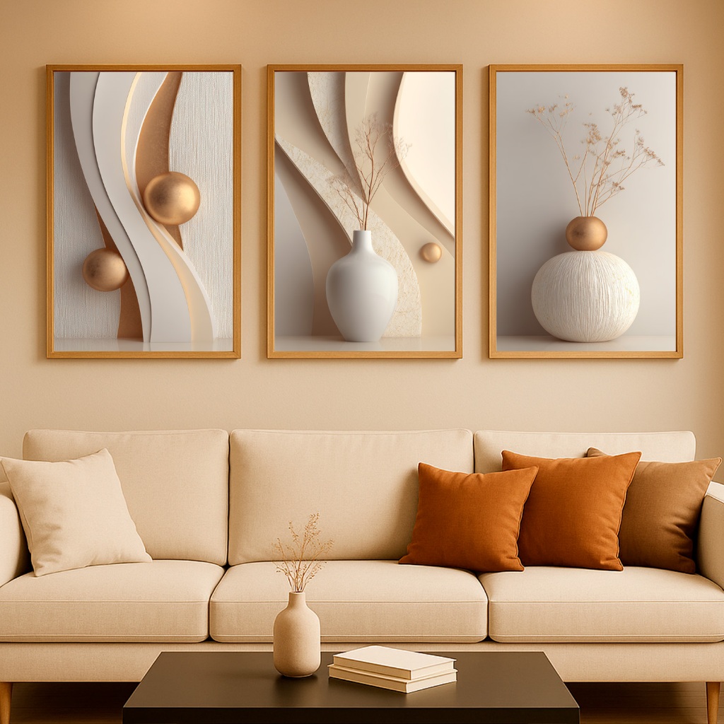 Kit 3 Quadros Decorativos Modernos Minimalistas Bege e Dourado para Sala Hall Clean em Oferta na Shopee
