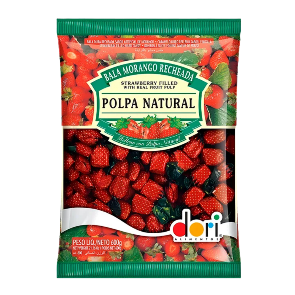 Bala de Morango Recheada com Polpa Natural 500g  Dori em Oferta na Shopee
