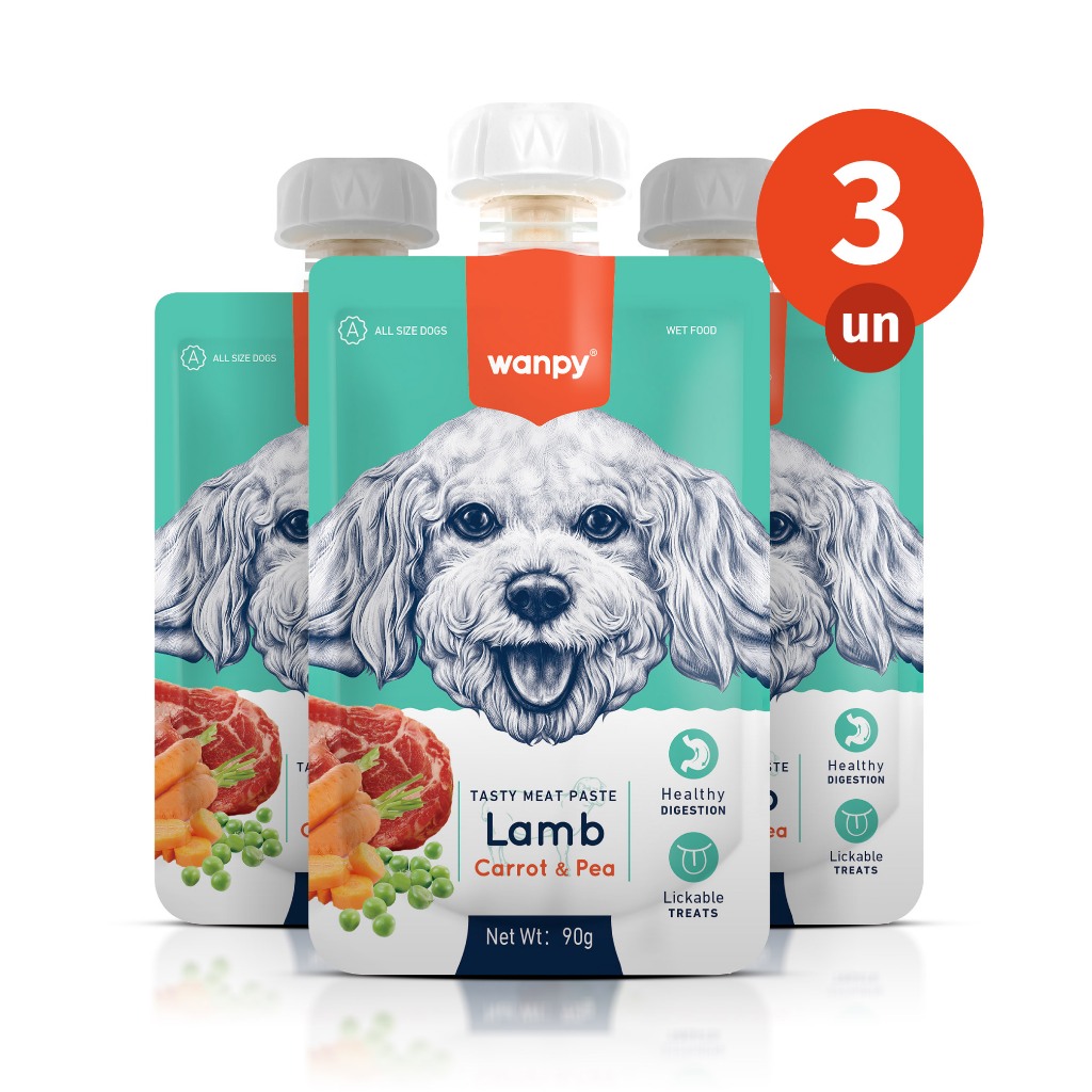 Kit 3 Truly Wanpy Petisco Creamy Sachê para Cães Sabor Cordeiro, Cenoura e Ervilha 90g