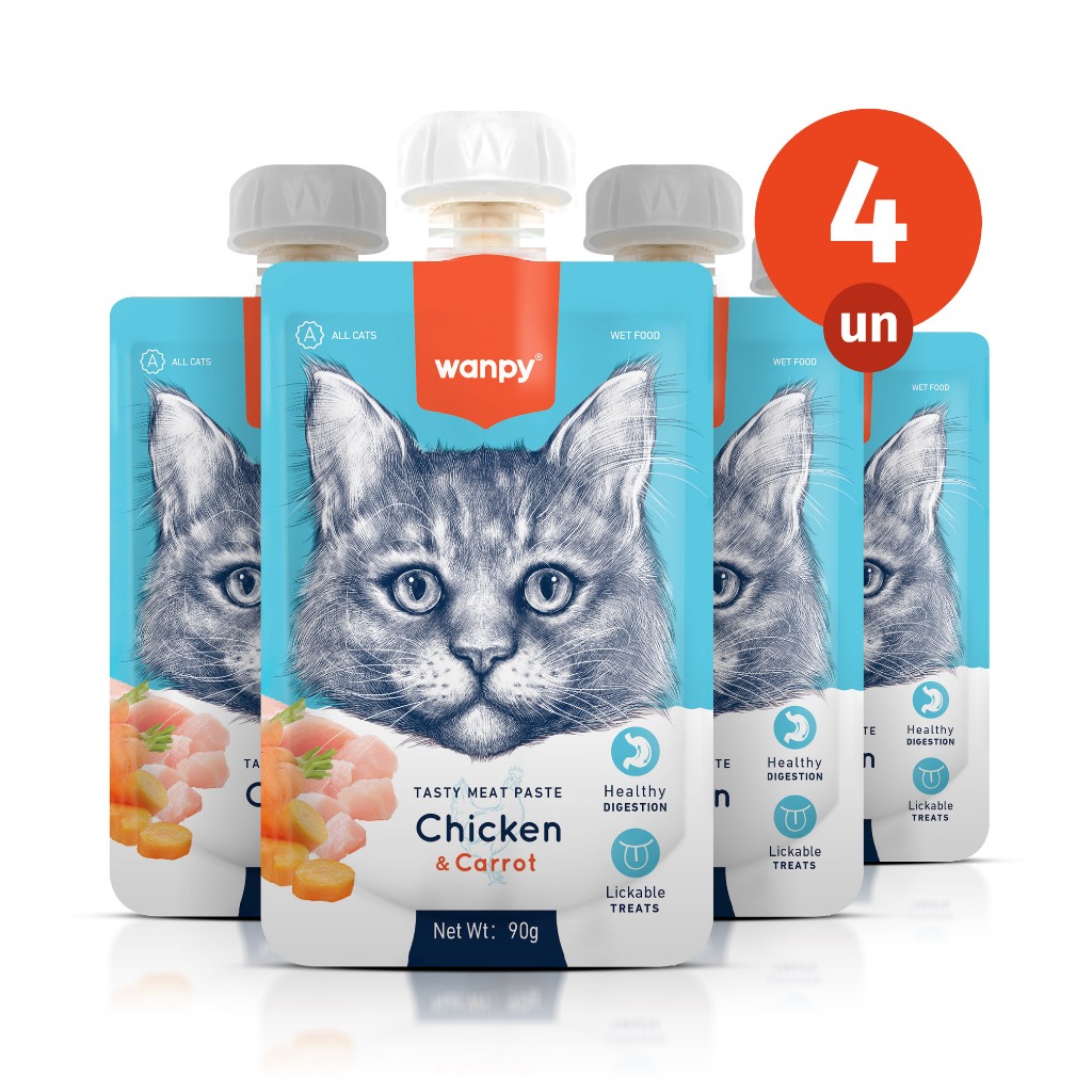 Kit 4 Truly Wanpy Petisco Creamy para Gatos Sabor Frango e Cenoura 90g