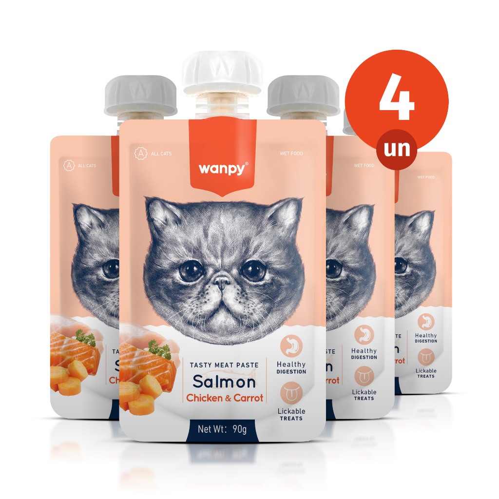 Kit 4 Truly Wanpy Petisco Creamy para Gatos Sabor Salmão, Frango e Cenoura 90g