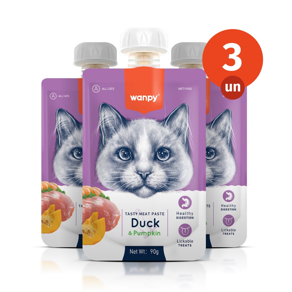 Kit 3 Truly Wanpy Petisco Creamy para Gatos Sabor Pato e Abóbora 90g