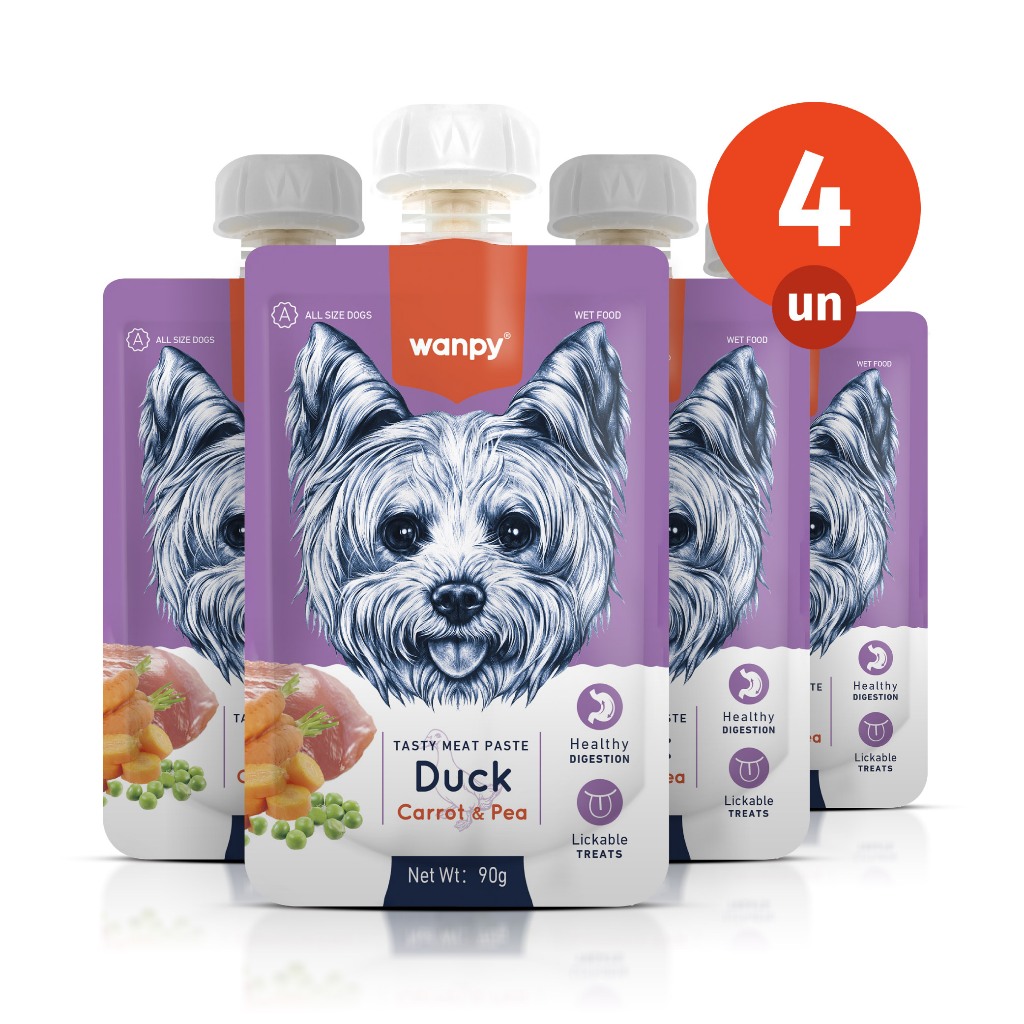 Kit 4 Truly Wanpy Petisco Creamy Sachê para Cães Sabor Pato, Cenoura e Ervilha 90g