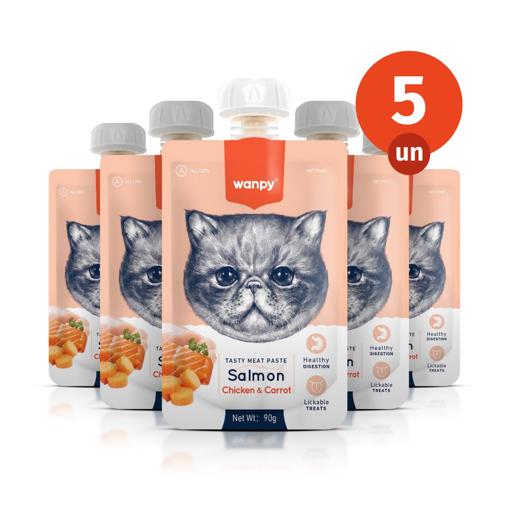 Kit 5 Truly Wanpy Petisco Creamy para Gatos Sabor Salmão, Frango e Cenoura 90g