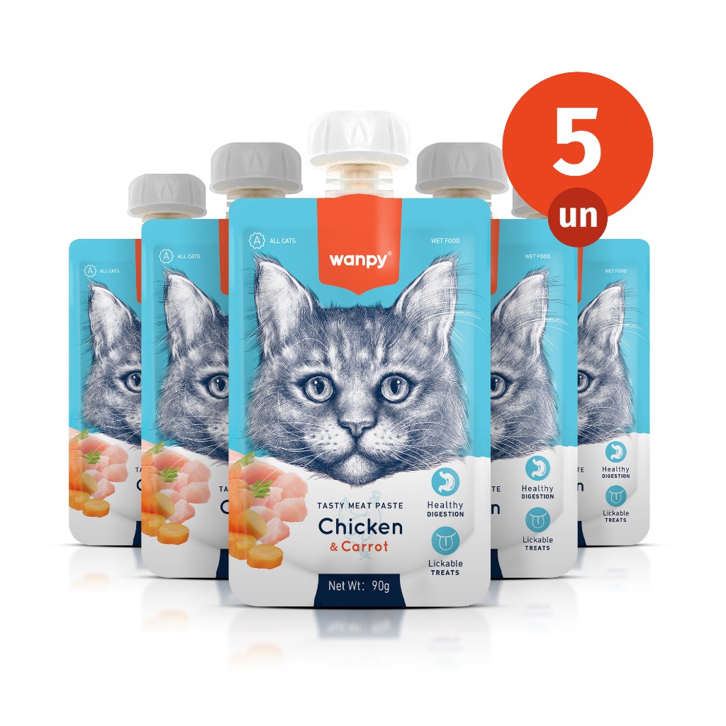 Kit 5 Truly Wanpy Petisco Creamy para Gatos Sabor Frango e Cenoura 90g