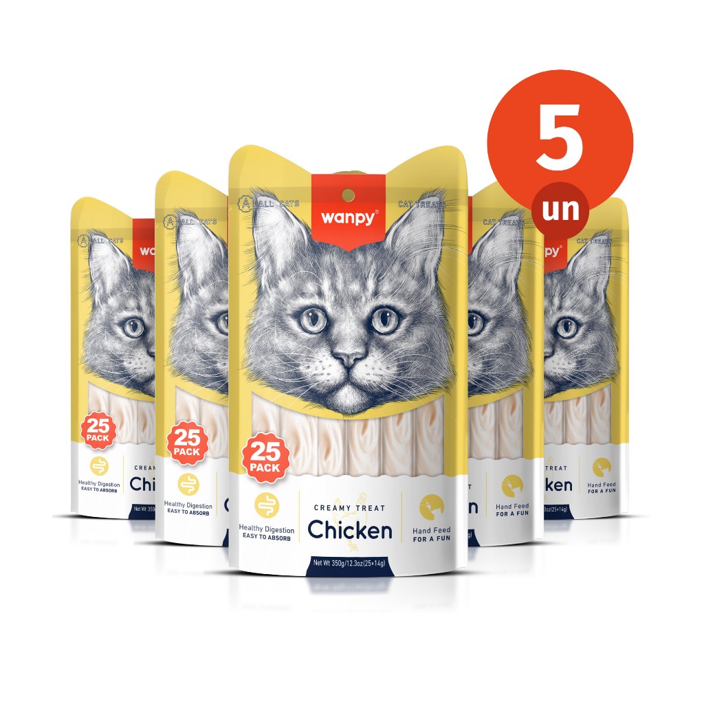 Kit 5 Truly Wanpy Petisco Creamy para Gatos Sabor Frango Pote 50 Tubos 700g