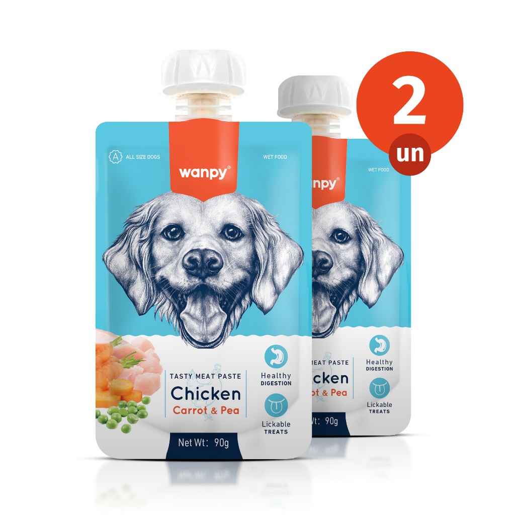 Kit 2 Truly Wanpy Petisco Creamy Sachê para Cães Sabor Frango, Cenoura e Ervilha 90g