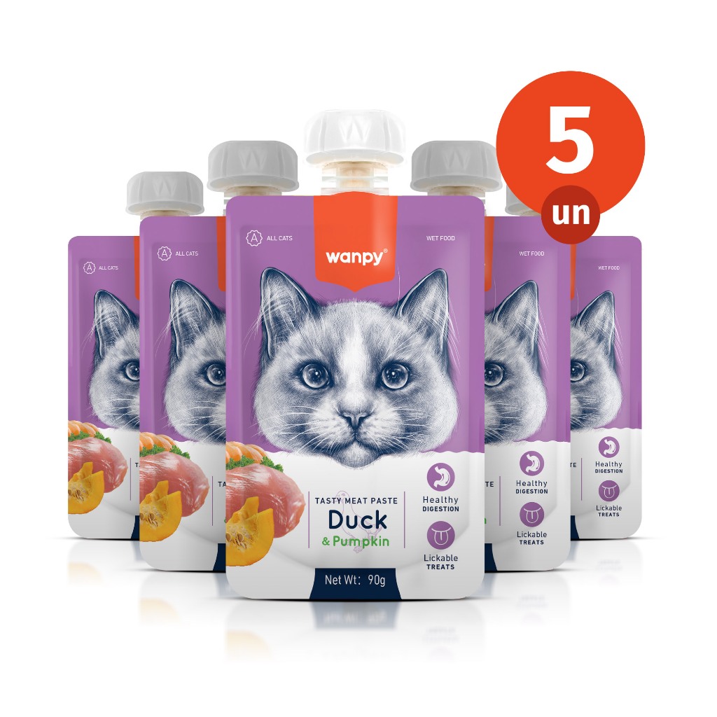 Kit 5 Truly Wanpy Petisco Creamy para Gatos Sabor Pato e Abóbora 90g