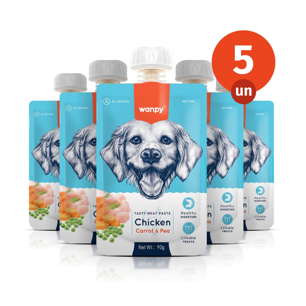 Kit 5 Truly Wanpy Petisco Creamy Sachê para Cães Sabor Frango, Cenoura e Ervilha 90g