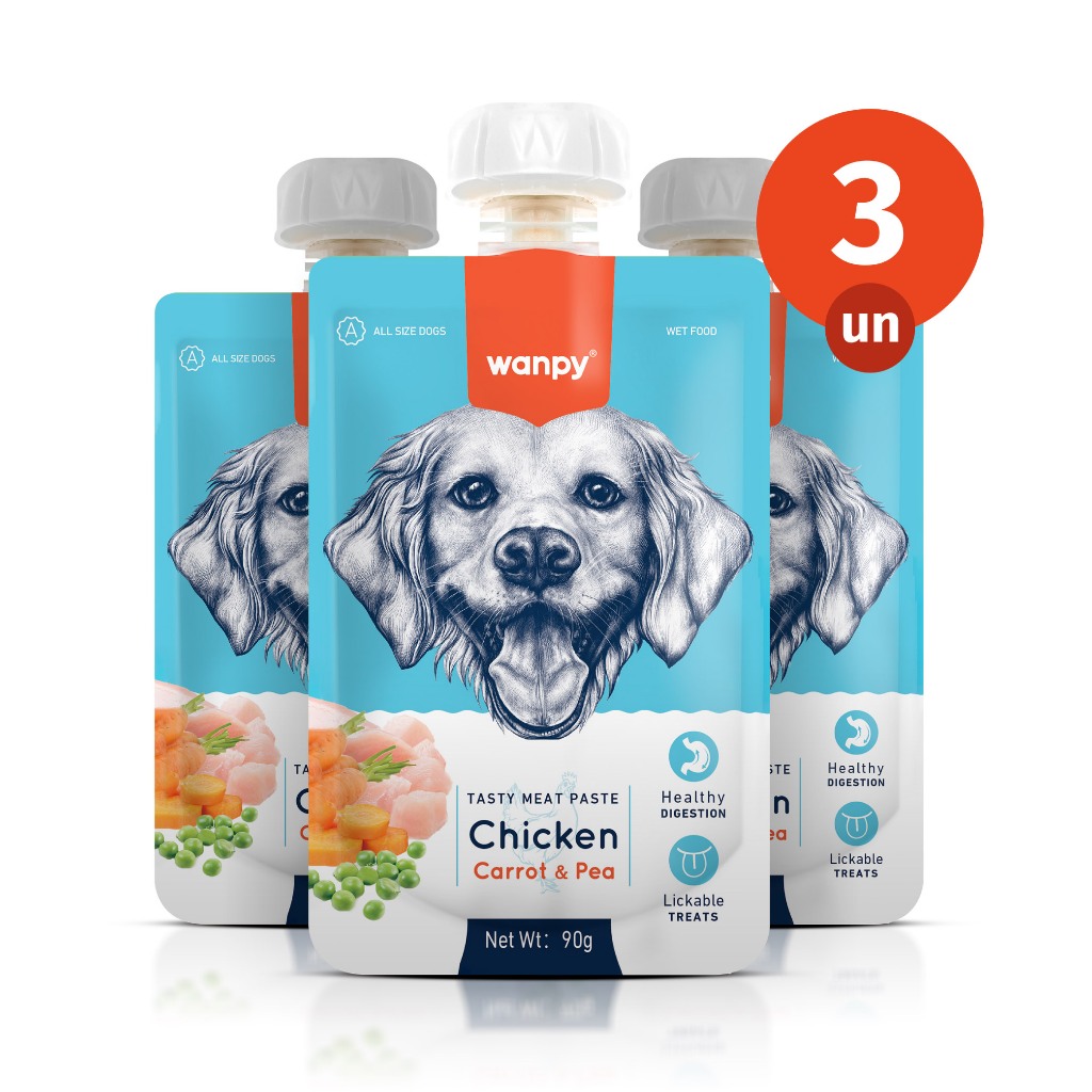 Kit 3 Truly Wanpy Petisco Creamy Sachê para Cães Sabor Frango, Cenoura e Ervilha 90g