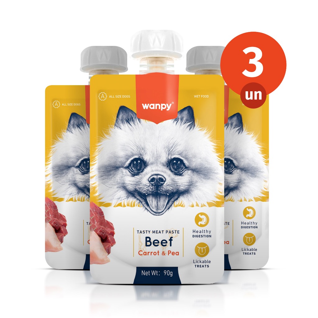 Kit 3 Truly Wanpy Petisco Creamy Sachê para Cães Sabor Carne e Cenoura 90g