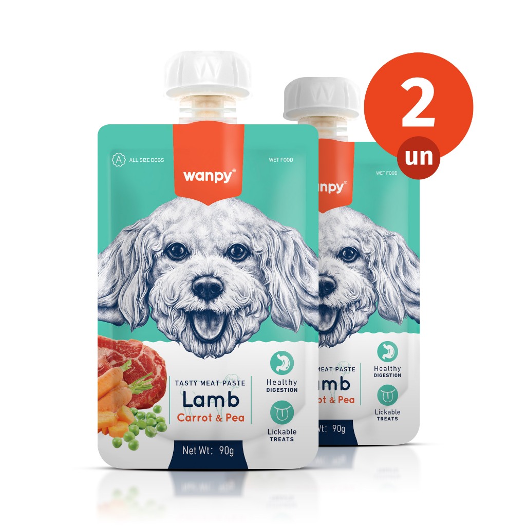 Kit 2 Truly Wanpy Petisco Creamy Sachê para Cães Sabor Cordeiro, Cenoura e Ervilha 90g