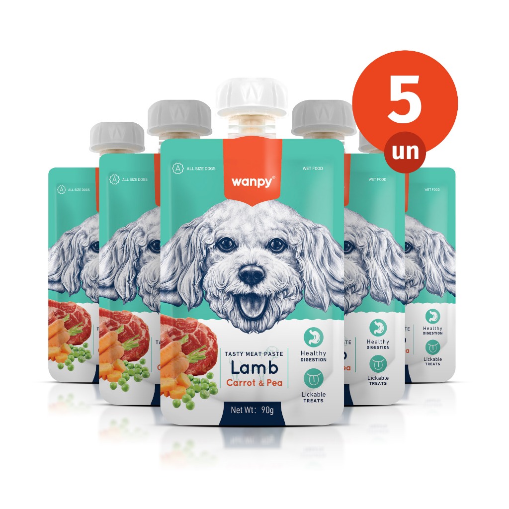 Kit 5 Truly Wanpy Petisco Creamy Sachê para Cães Sabor Cordeiro, Cenoura e Ervilha 90g