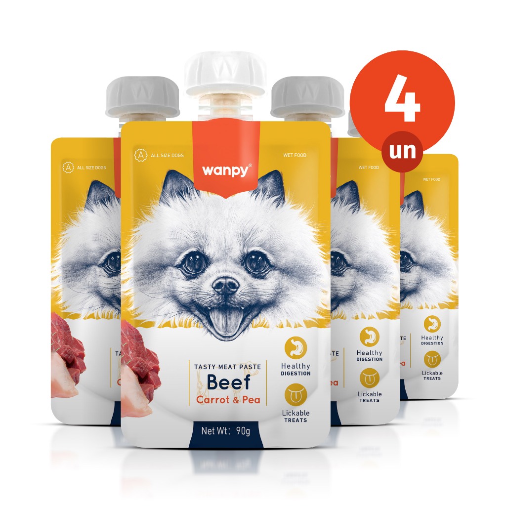 Kit 4 Truly Wanpy Petisco Creamy Sachê para Cães Sabor Carne e Cenoura 90g