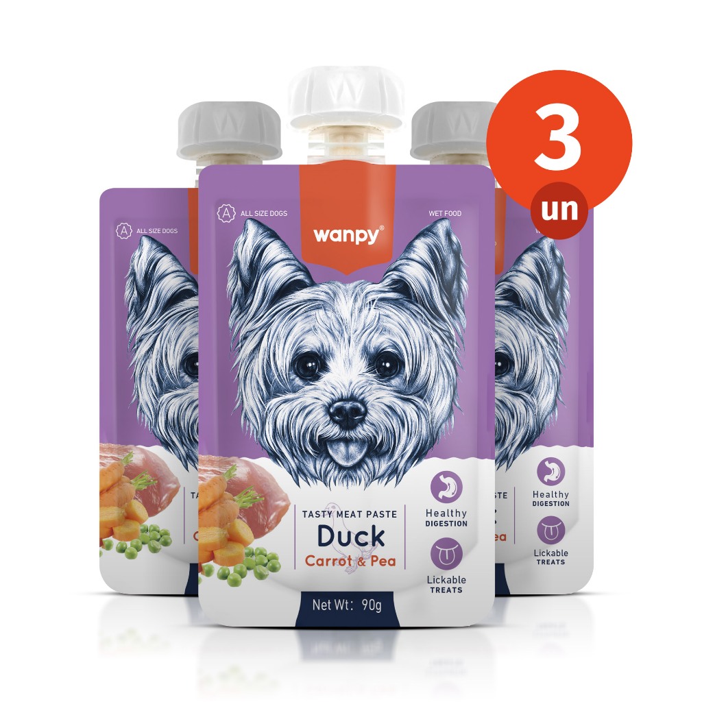Kit 3 Truly Wanpy Petisco Creamy Sachê para Cães Sabor Pato, Cenoura e Ervilha 90g