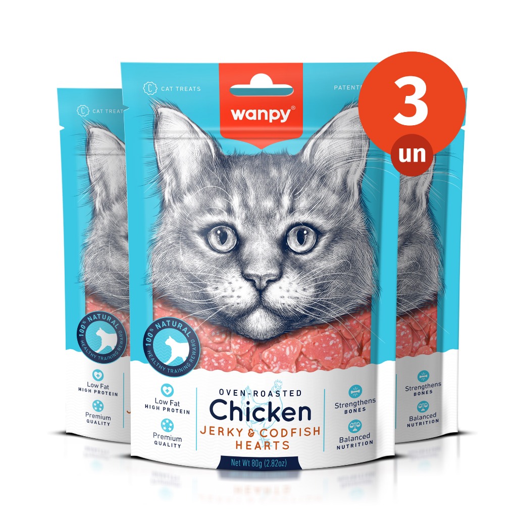 Kit 3 Truly Wanpy Petisco para Gatos Mini Corações de Frango e Peixe 80g
