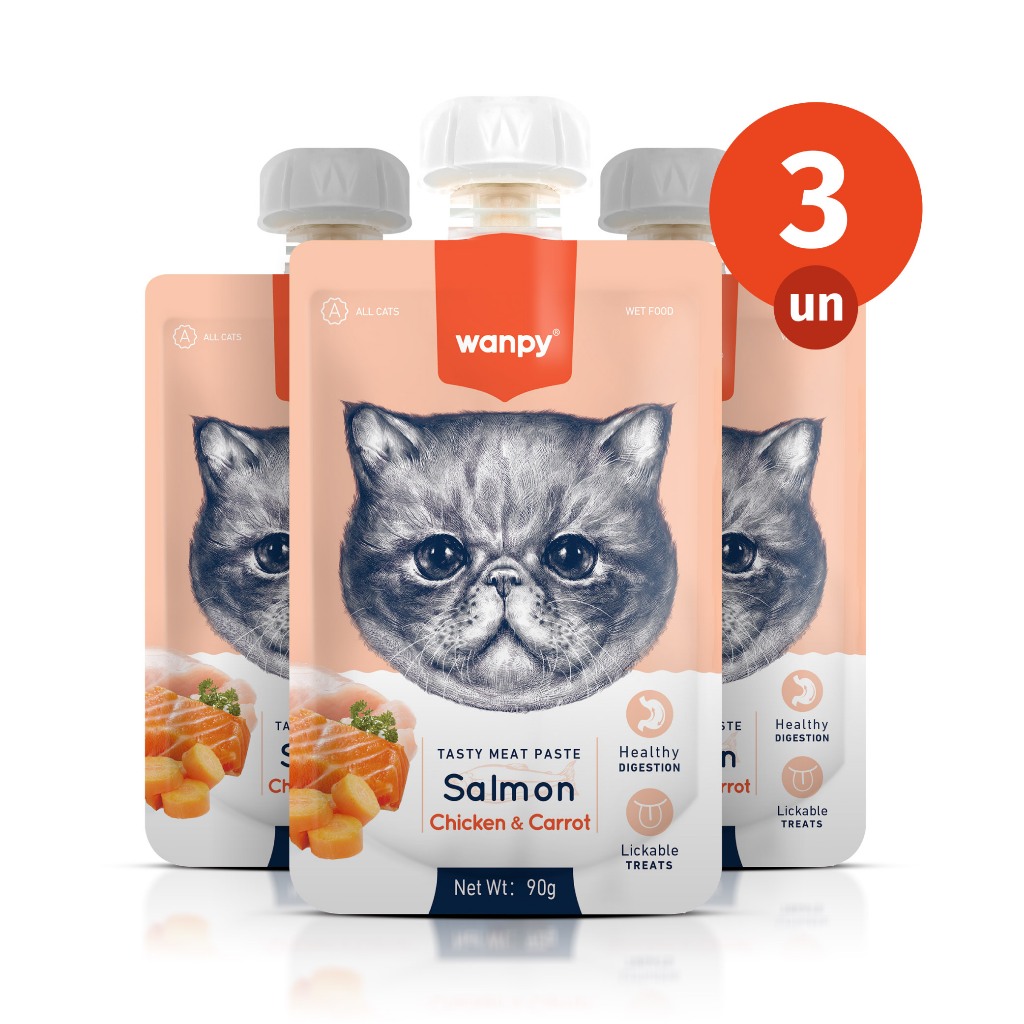 Kit 3 Truly Wanpy Petisco Creamy para Gatos Sabor Salmão, Frango e Cenoura 90g