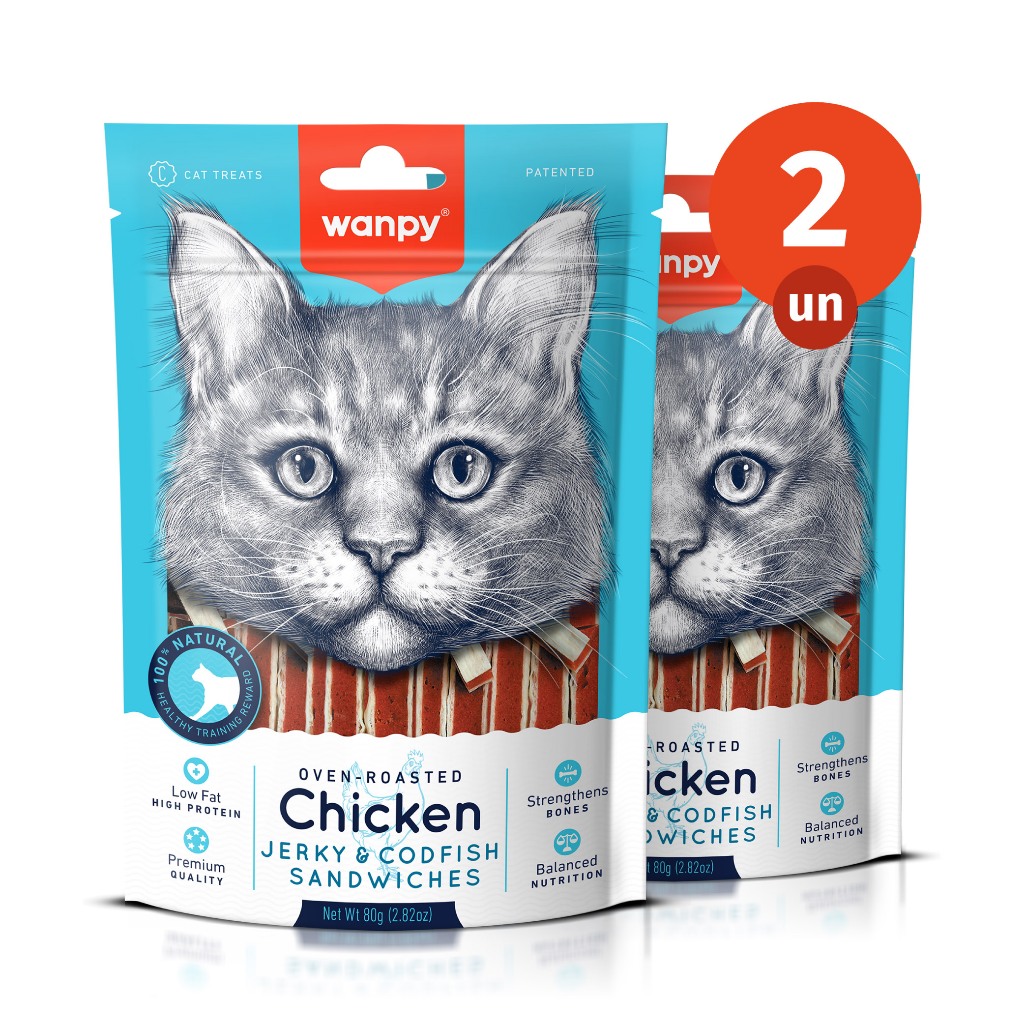 Kit 2 Truly Wanpy Petisco para Gatos Mini Tiras de Frango e Peixe 80g