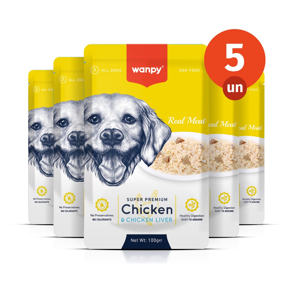 Kit 5 Truly Wanpy Petisco Sachê para Cães Sabor Frango e Fígado de Frango 100g