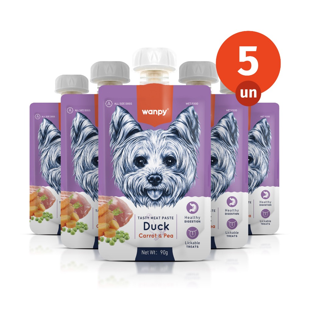 Kit 5 Truly Wanpy Petisco Creamy Sachê para Cães Sabor Pato, Cenoura e Ervilha 90g