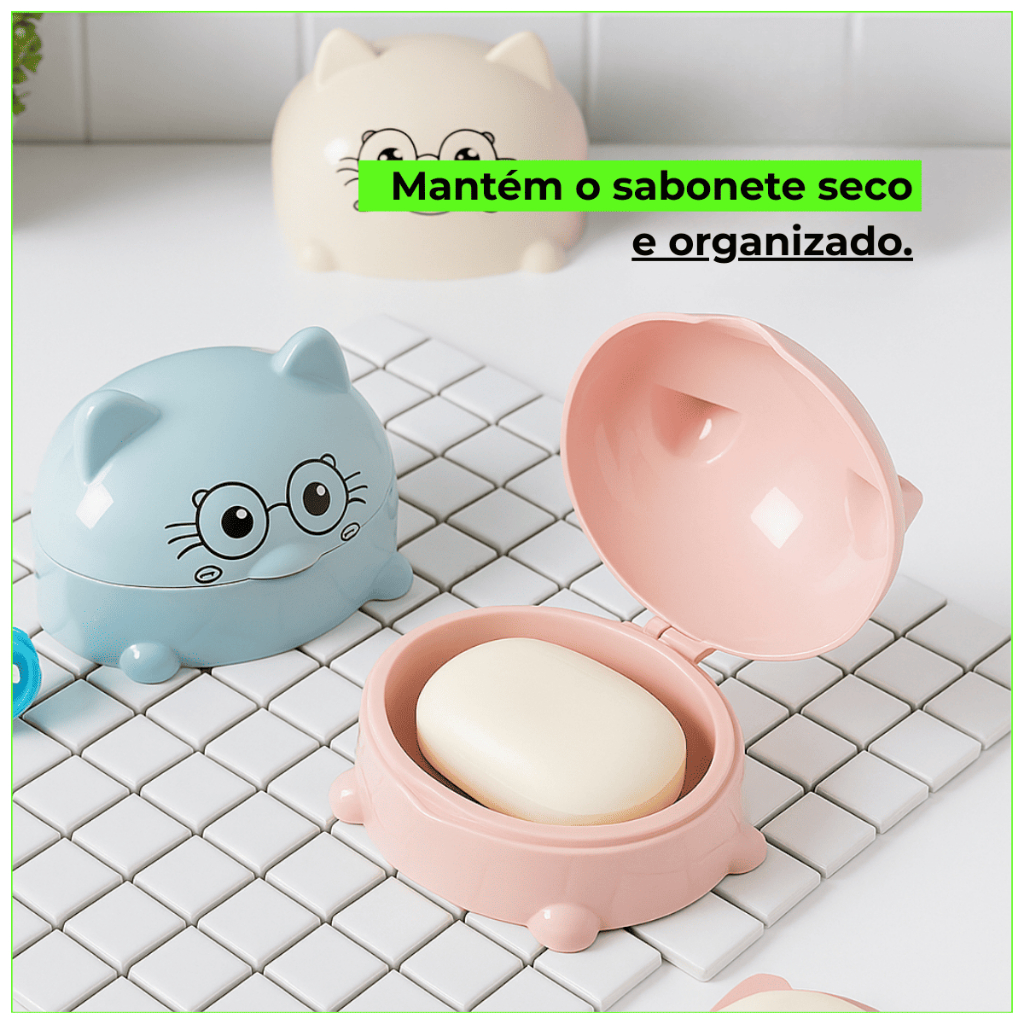 kit Porta Sabonete Gatinho com Tampa, Suporte, Porta Sabão, Higiênico, Decorativo Para Banheiro, Cozinha, Lavanderia