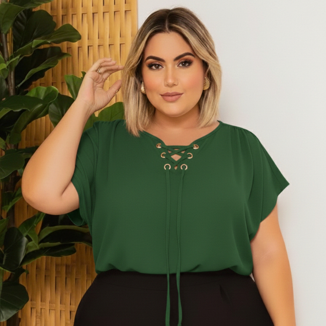 Blusa Feminina Elegante Manga Curta Estilosa Decote com Ilhos Cordinhas Amarração Básica Viscolycra