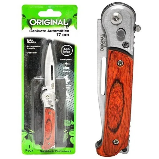 Canivete Automático Dobrável Aço Inox Original Line com Bainha e Cabo de Madeira Marrom – Pesca, Camping e Aventuras