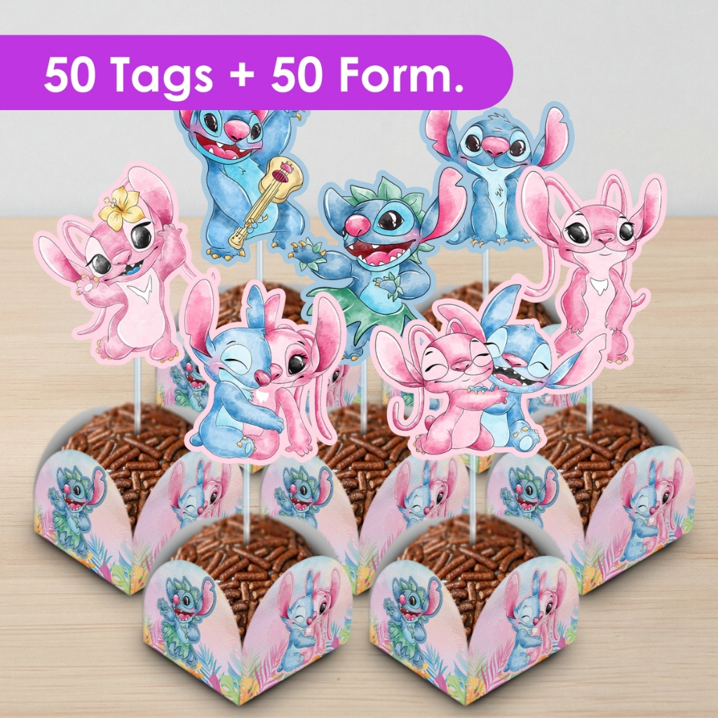 Kit 50 Tags + 50 Forminhas Doces Docinhos Topper Brigadeiro Infantil Lilo e Stitch Angel Aquarela em Oferta na Shopee