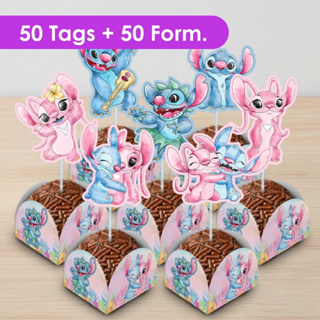 Kit 50 Tags + 50 Forminhas Doces Docinhos Topper Brigadeiro Infantil Lilo e Stitch Angel Aquarela em Oferta na Shopee