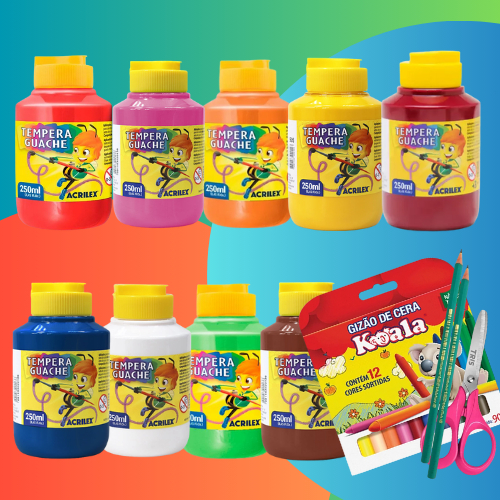 Kit Tinta Colorida Tempera Guache 250ml Acrilex  Bico Aplicador Dosador Lavável Volta às Aulas Material Escolar Giz Teso