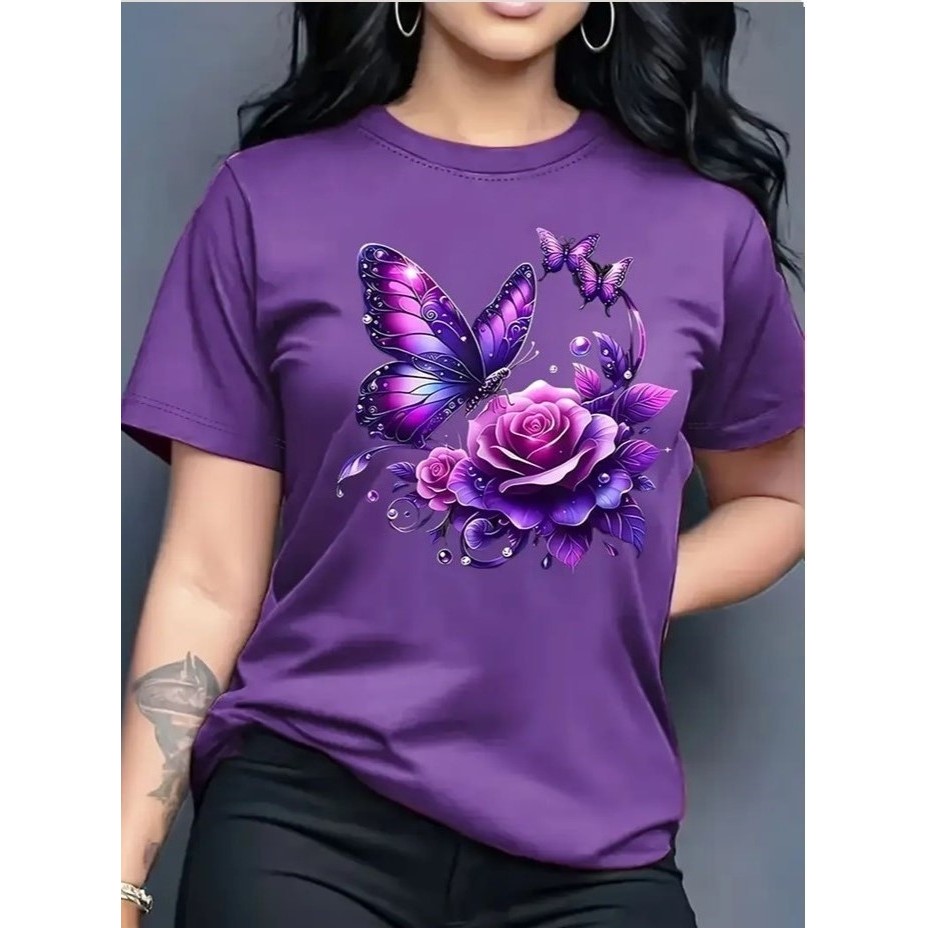 Camiseta Feminina 100% Algodão Premium BORBOLETA FLORAL Casual Envio em 24 Horas em Oferta na Shopee