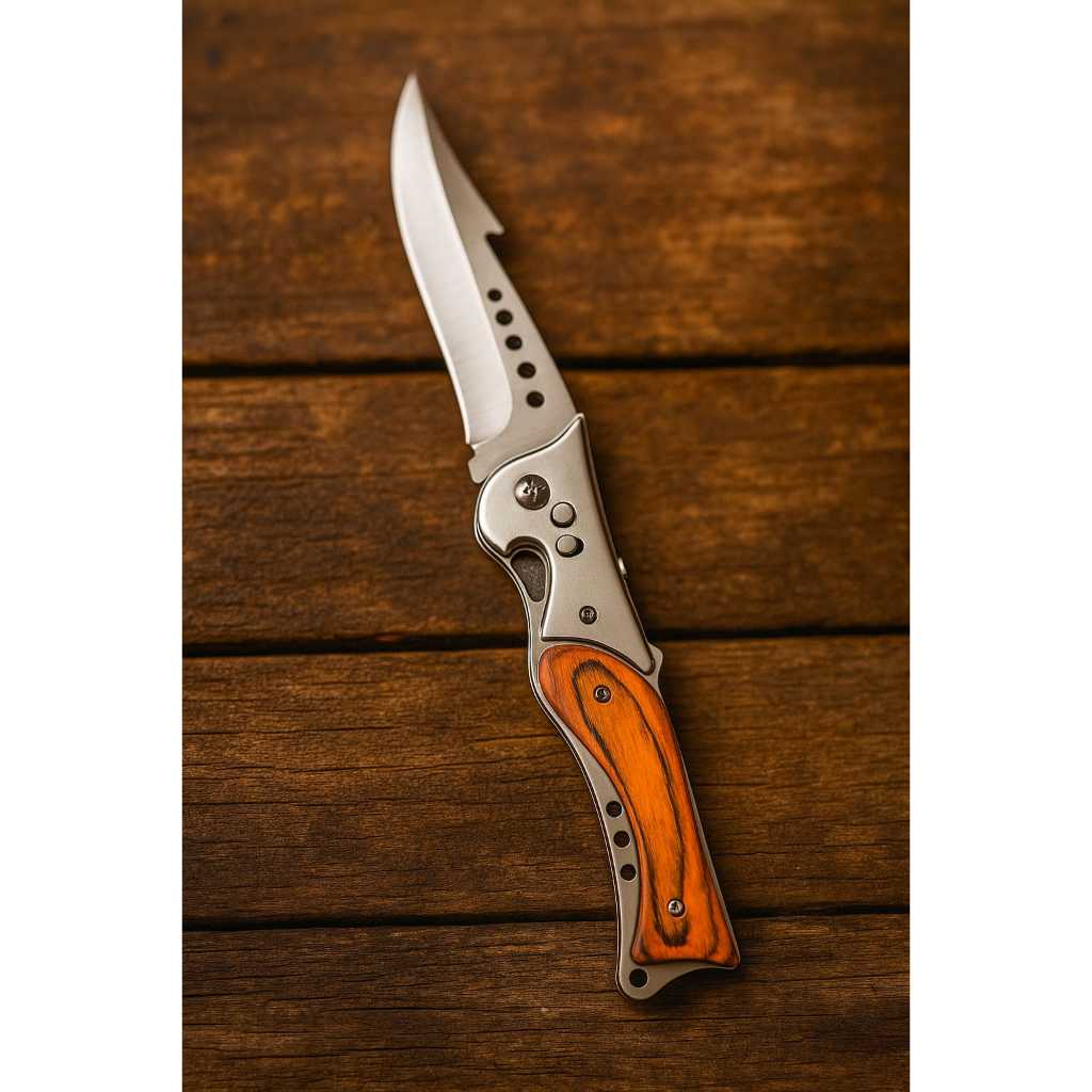 Canivete Esportivo Automático 25 cm Luxuoso Cabo De Madeira Saque Rápido Com Lanterna Camping Pesca