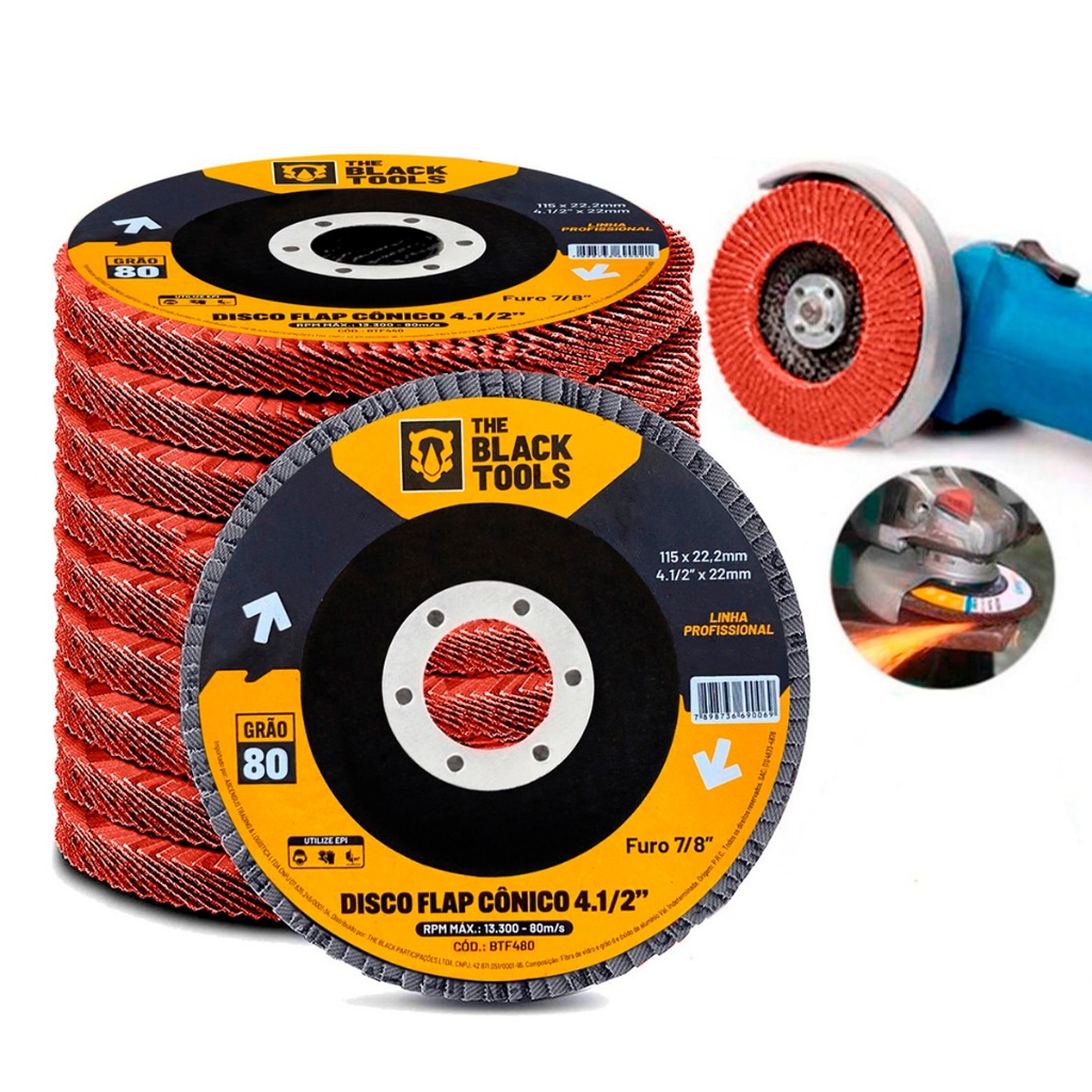 Kit Disco Lixa Flap Grão 60 Kit 10 Peças 4.1/2 Pol 115mm The Black Tools