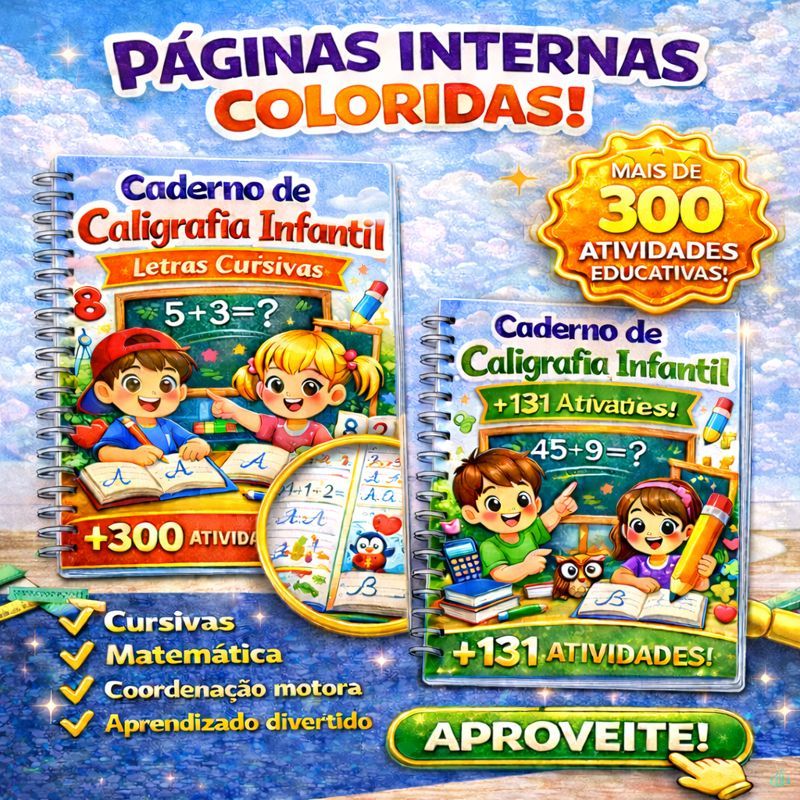 Caderno De Caligrafia Livro Colorido Infantil Letras Cursivas 300 ou 131 Atividades Matemática em Oferta na Shopee