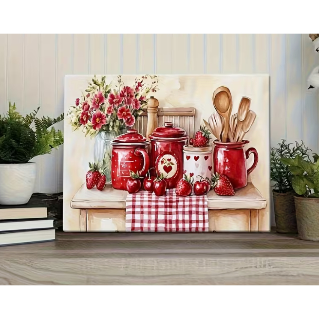 Quadro Decorativo  Natureza Rústica de Cozinha com Cerejas, Morangos e Potes Vermelhos & Detalhes Florais em Oferta na Shopee