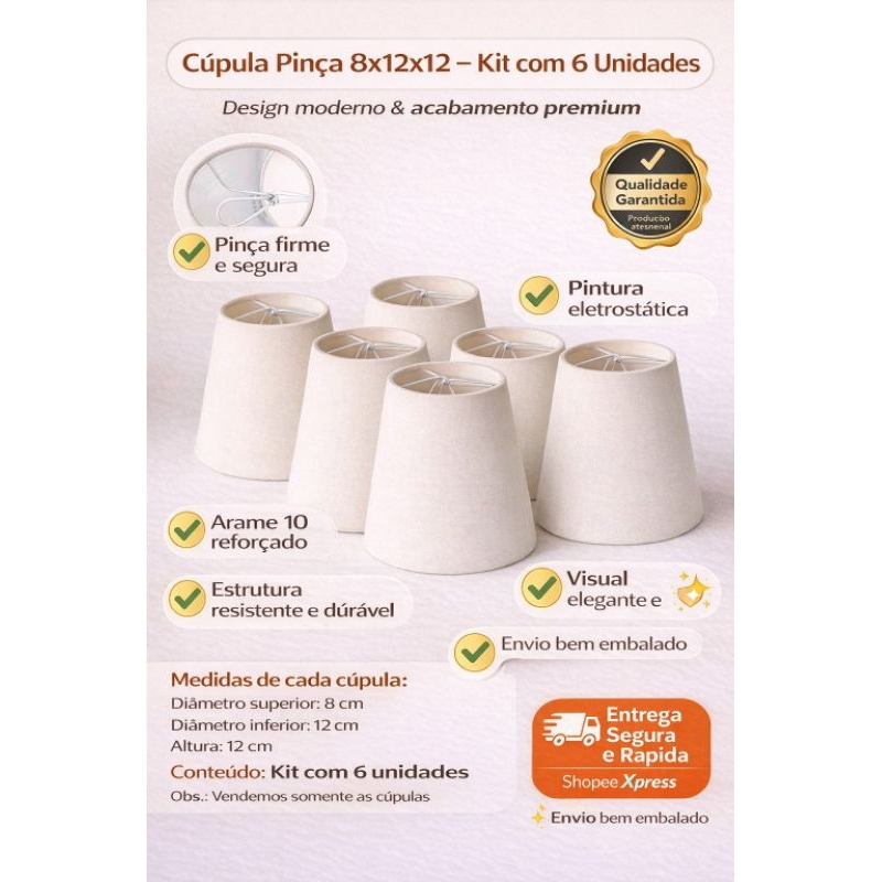kit 6 cúpula para  Luminaria Lustre Pendente abajur arandela luminária 8x12x12 em tecido modelo pinça