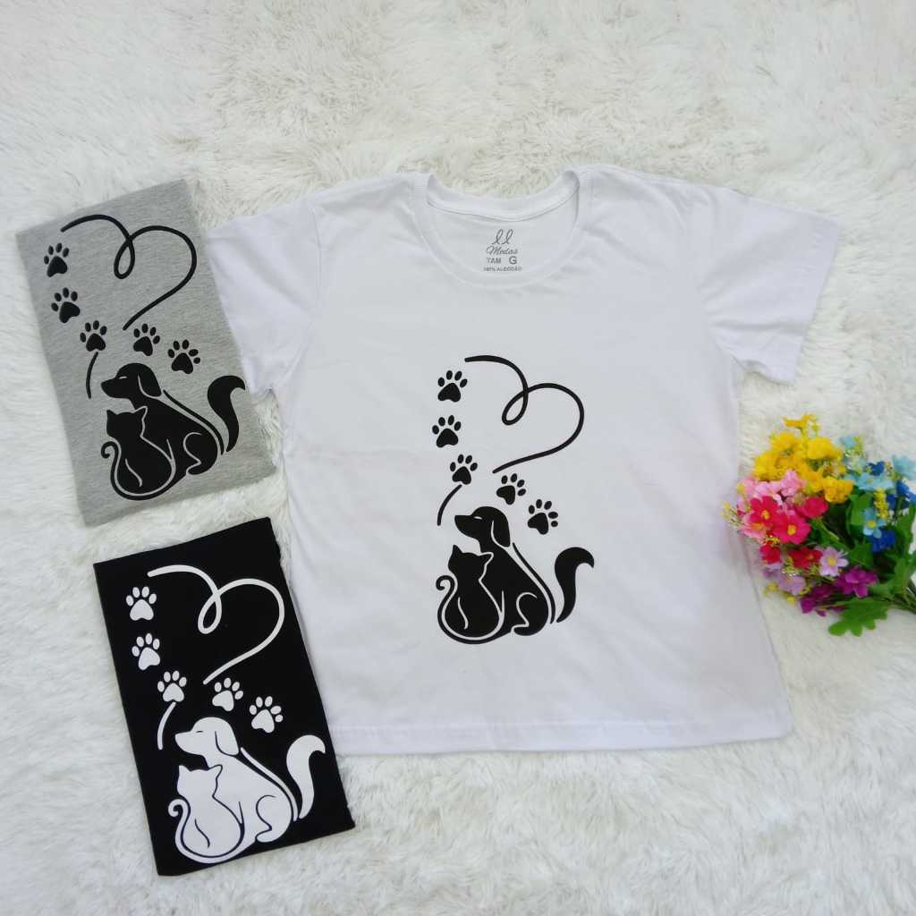 Blusa t-shirt camiseta feminina estampada 100% algodão macio estampa cachorro patas coração