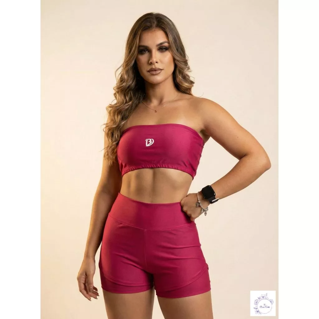 Conjunto Fitness Feminino Top Tomara que Caia e Short Duplo Suplex Zero Transparência Academia — imagem 1